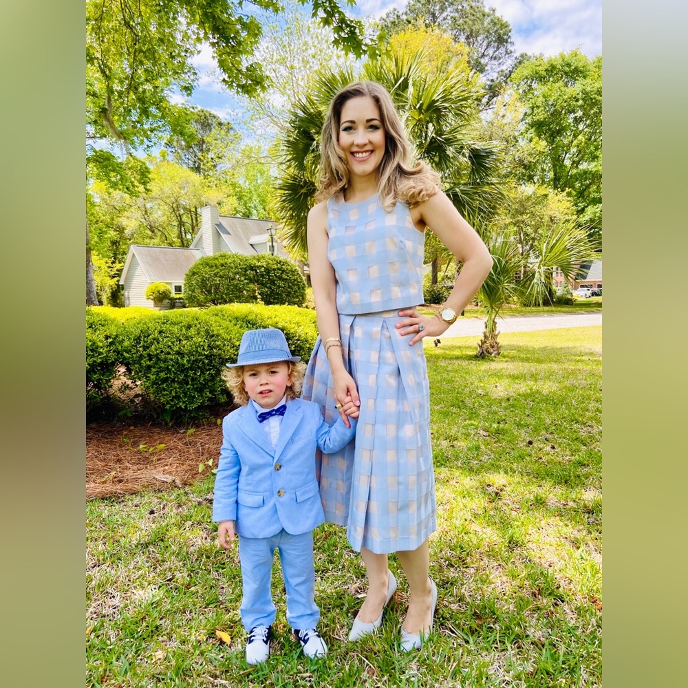Eliza J. Blue and Tan Gingham 2 Piece Dress